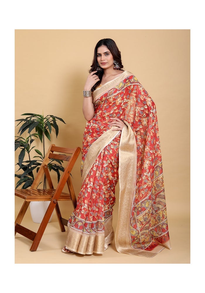 Malishka Export ساري مزخرف بكالامكاري باللون الأحمر الزاهي للنساء - Image 1